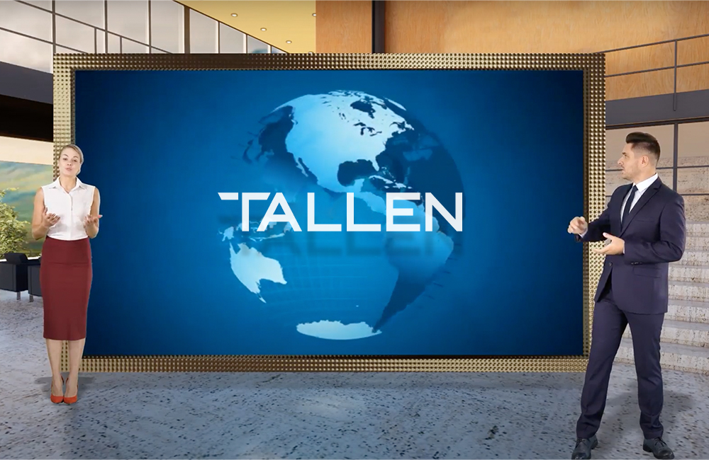 Two people standing in front of a screen with Tallen's logo on it to give an example of their virtual event production capabilities
